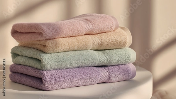 Fototapeta パステルカラーのタオルが整然と積まれる
