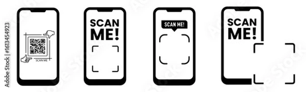 Fototapeta QR code scan interface on smartphone screen. Scan Me text and frame markers for app payment, quick access, authentication, coupon redemption, mobile user interaction design