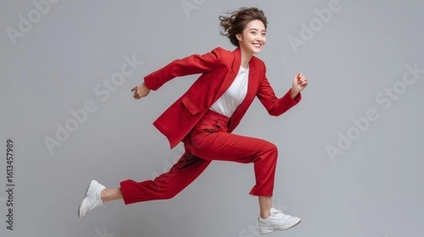 Obraz Energetic woman in red suit and sneakers jumping forward