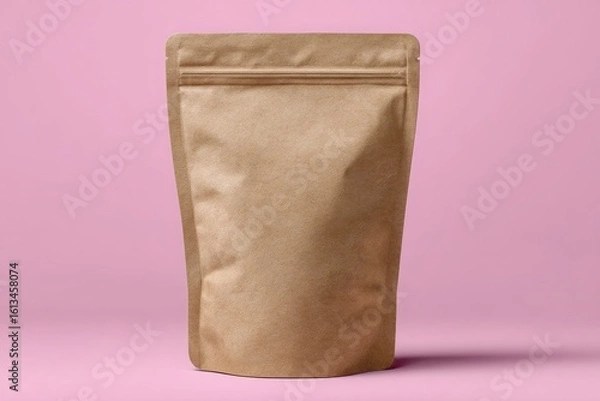 Obraz Blank kraft paper stand up pouch with zipper closure on a pastel pink background
