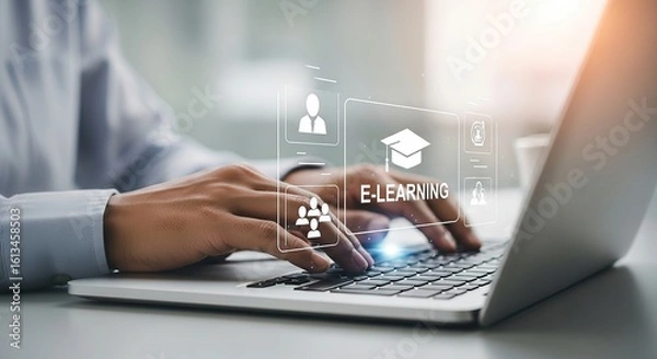 Fototapeta Person using laptop for online e-learning, modern technology, digital education concept.