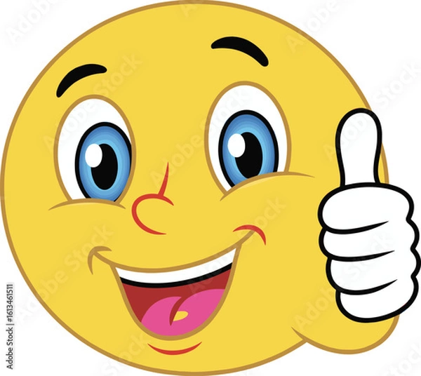 Obraz Smiley face emoji showing thumbs up, happy cartoon expression, cheerful emoticon vector, approval sign icon, positive feedback reaction image