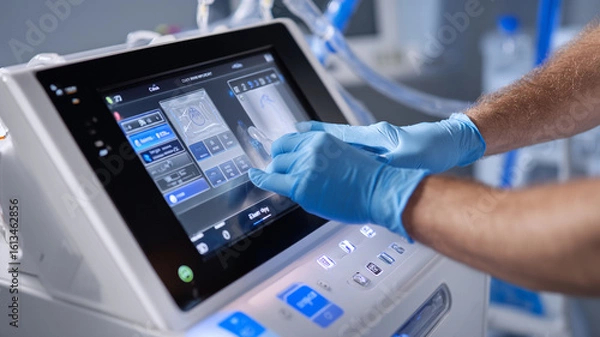 Fototapeta Gloved hand interacting with a touchscreen medical device, possibly for diagnostics or vital signs.