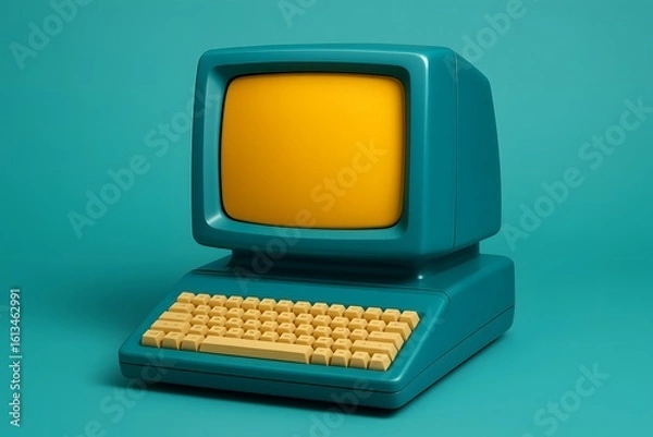 Fototapeta Retro teal computer with yellow screen and keyboard on a teal background