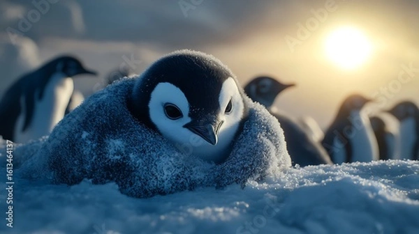 Fototapeta Penguin family huddling together under golden evening sun high resolution picture