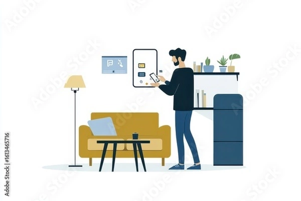 Fototapeta Modern Living Room with Man Using Smartphone and Home Device Control