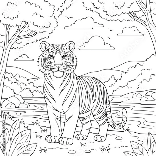 Obraz Wild Tiger Standing Near a River in Nature Scene — Bold Black and White Forest Landscape Line Art for Coloring Pages, Wildlife Education, and Animal Illustration