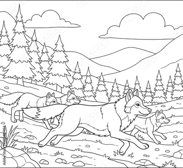 Obraz Pack of Wolves Running Through a Forest Landscape – Wildlife Line Art Illustration for Coloring Pages and Nature-Themed Printable Activities