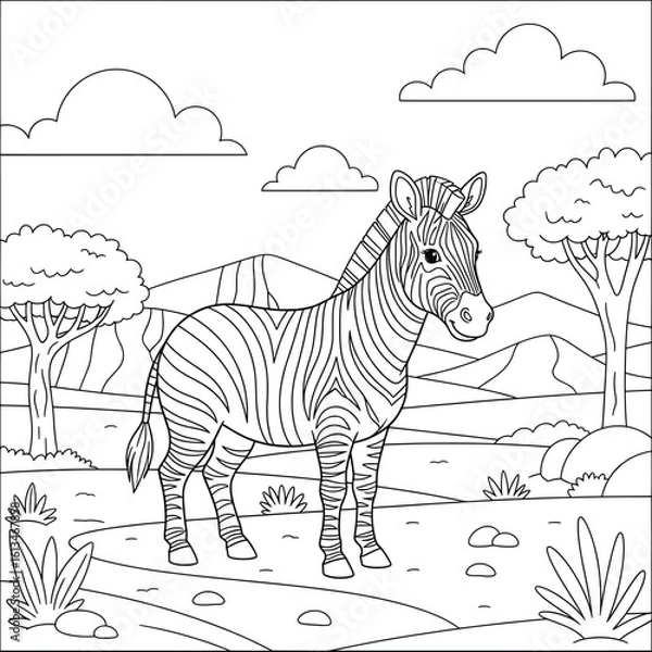 Fototapeta Standing Zebra in African Landscape – Black and White Line Art Illustration for Coloring Books and Safari Wildlife Education