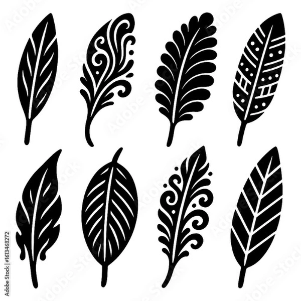 Fototapeta Hand-drawn decorative feathers with tribal and boho patterns, Transparent Background