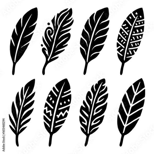 Fototapeta Hand-drawn decorative feathers with tribal and boho patterns, Transparent Background