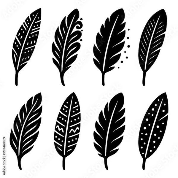 Fototapeta Hand-drawn decorative feathers with tribal and boho patterns, Transparent Background