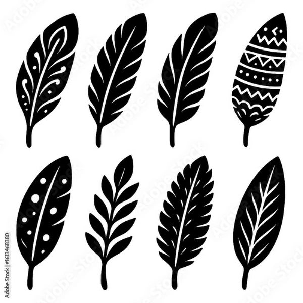 Fototapeta Hand-drawn decorative feathers with tribal and boho patterns, Transparent Background