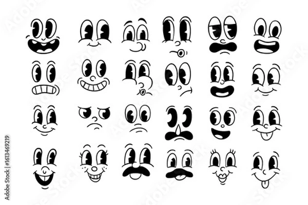 Fototapeta Cartoon expressive face emotions with exaggerated eyes and mouths in retro doodle style, Transparent Background