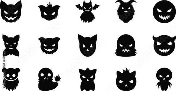 Fototapeta a diverse set of black silhouette icons featuring various spooky halloween monsters and creatures