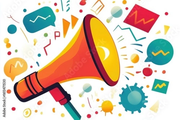 Fototapeta Vibrant Megaphone with Colorful Elements and Graphical Symbols