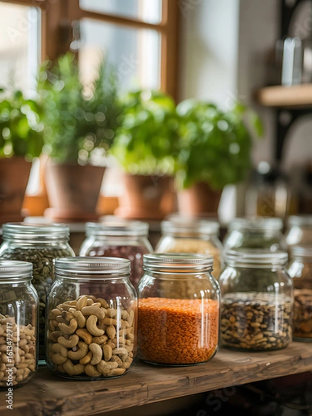 Fototapeta Assortment of dried goods and legumes in glass jars on a wooden shelf with potted plants in the background