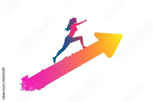 Fototapeta Woman Running Upward on Growth Arrow Symbolizing Success and Progress