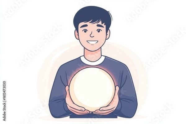 Fototapeta Young Man Holding a Light Sphere with a Bright Smile and Joyful Expression