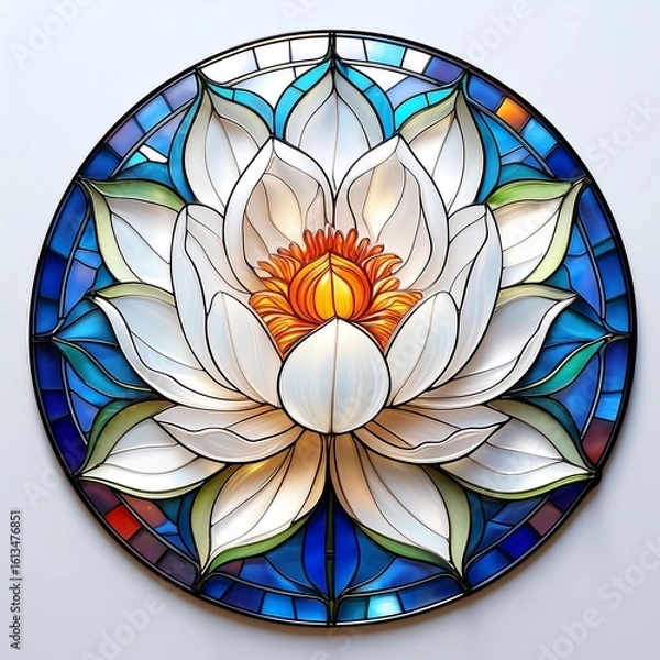 Fototapeta A vibrant stained glass artwork featuring a lotus flower, symbolizing purity and enlightenment in various cultures.