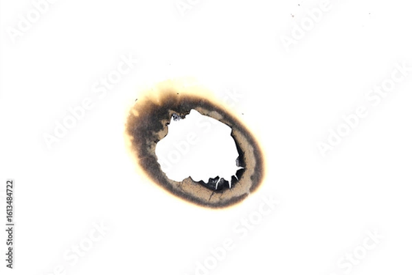 Obraz Realistic burned hole on transparent paper with scorched edges and smoke marks. Perfect for themes of fire, danger, damage, or aged effects in graphic design and digital projects.