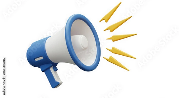 Fototapeta Blue and white megaphone emitting yellow sound waves isolated on transparent background