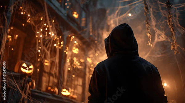 Fototapeta Person hanging skeleton decorations on walls to set a spooky mood for the party