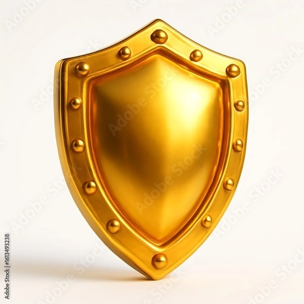 Fototapeta Golden medieval shield with rivets on a white background