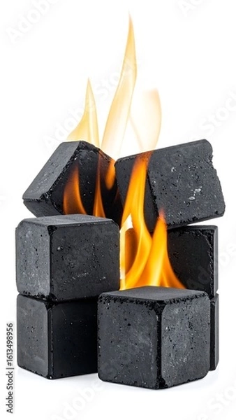Obraz Burning charcoal cubes against white background