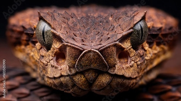 Fototapeta Close-up image of a Gaboon viper's face showing its intricate scales, sharp eyes, and unique horn-like features.