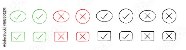 Fototapeta Check mark and cross X symbols green, red and black colors, circle, oval, square and rectangle outlines.