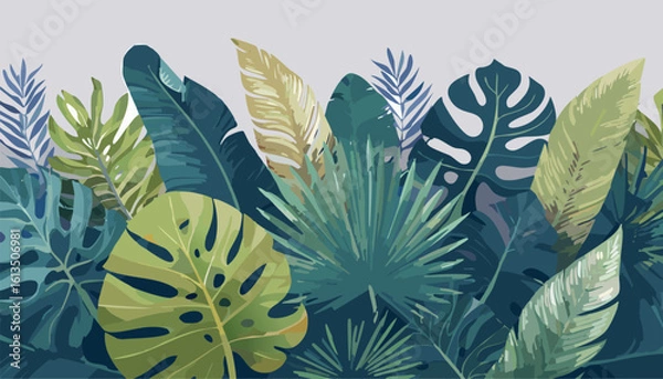 Fototapeta Watercolor backdrop of lush tropical greenery leaves vector illustrator banner
