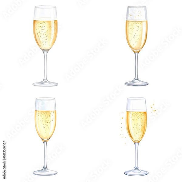 Obraz Four champagne flutes sparkling on transparent background