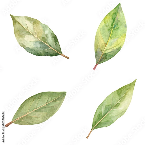 Obraz Watercolor bay leaves falling on transparent background