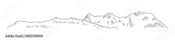 Obraz Hand-drawn line art of a mountain range with simple contour details. Swiss Alps landscape silhouette with sketch shading.