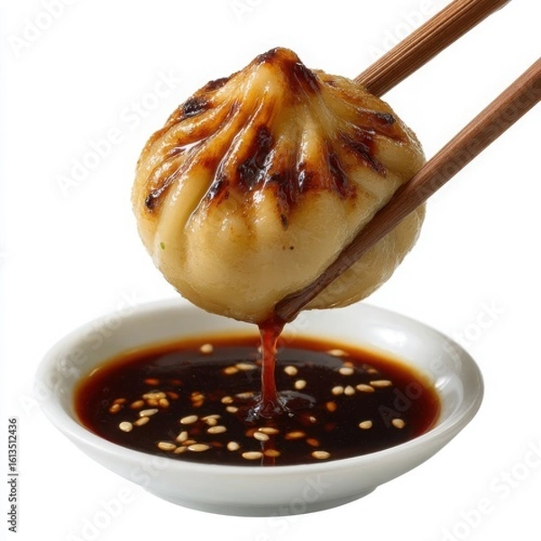 Obraz Delicious pan fried dumpling being dipped into soy sauce with chopsticks