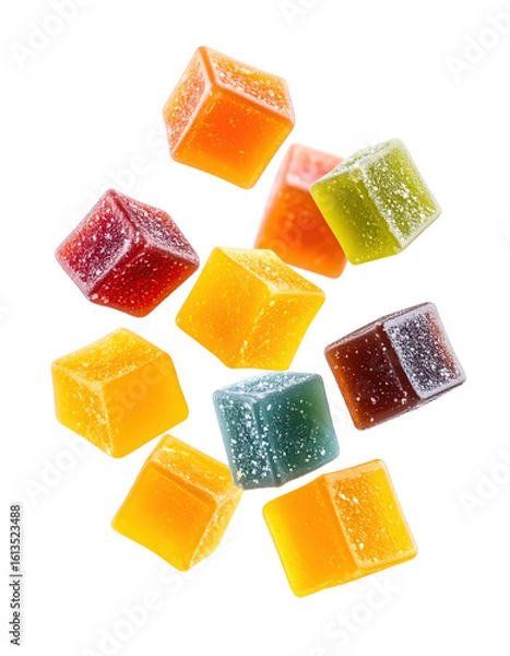 Fototapeta flying on air dynamic Jelly candy cubes in assorted colors PNG