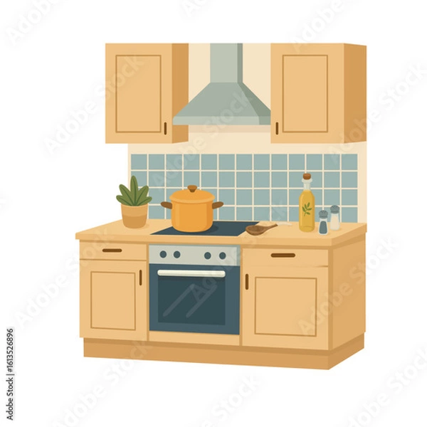 Fototapeta Modern kitchen interior with cooking utensils and decor, flat vector illustration