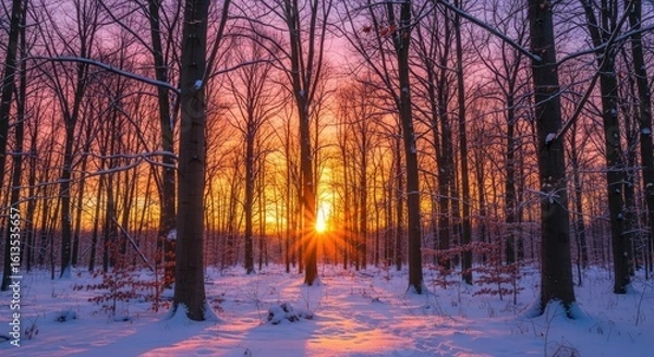 Fototapeta Stunning winter sunrise bursting through snow-covered forest trees creating vibrant golden light and a peaceful atmosphere
