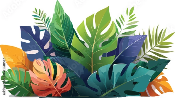 Fototapeta various tropical leaves, including large split-leaf Monstera and feathery palm fronds