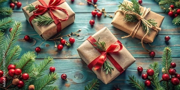 Fototapeta Rustic Christmas Presents Decorated with Evergreen and Red Ribbon on Weathered Wooden Surface