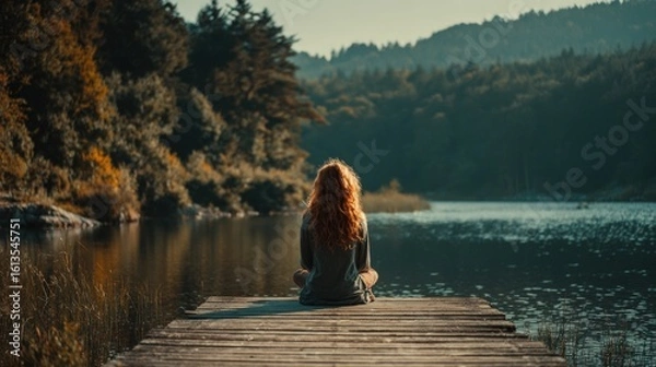 Obraz A person with flowing red hair sits on a wooden dock overlooking a serene lake surrounded by trees and distant mountains
