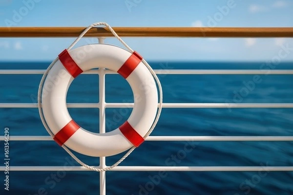 Fototapeta Life Preserver on a Ship Rail with Ocean View Under Clear Blue Sky Highlighting Safety and Travel