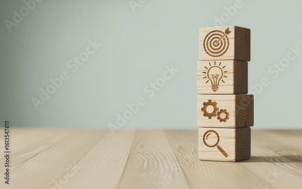 Fototapeta Business goal achievement strategy with concept of success and strategic planning on wooden blocks