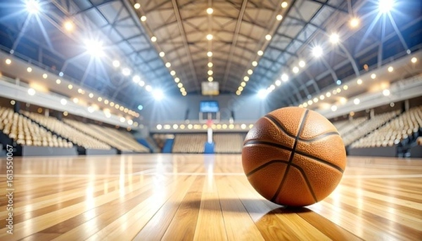 Fototapeta A close-up of a basketball on a polished indoor court under dramatic stadium lights, with blurred crowd and hoop in the background. Perfect for sports themes, posters, or event promotions.