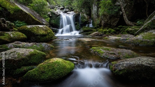 Fototapeta Tranquil waterfall cascading over mossy rocks