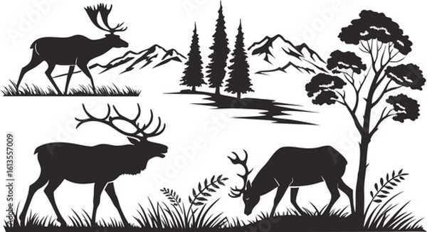 Obraz deer in the forest silhouettes vector
