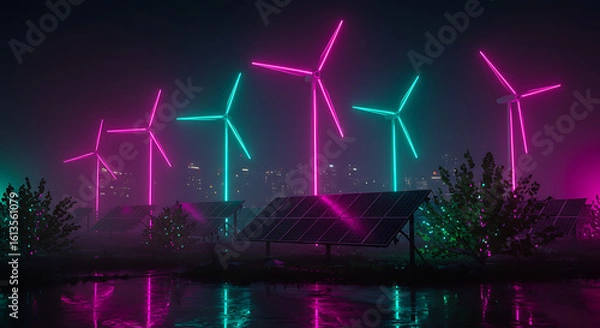 Obraz A futuristic cyberpunk-inspired renewable energy scene at night featuring glowing neon-lit wind turbines and solar panels