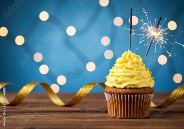 Fototapeta Festive cupcake with sparkler and golden ribbon
