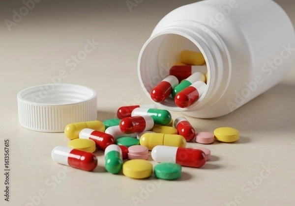 Obraz Spilled medicine capsules and pills from a white bottle